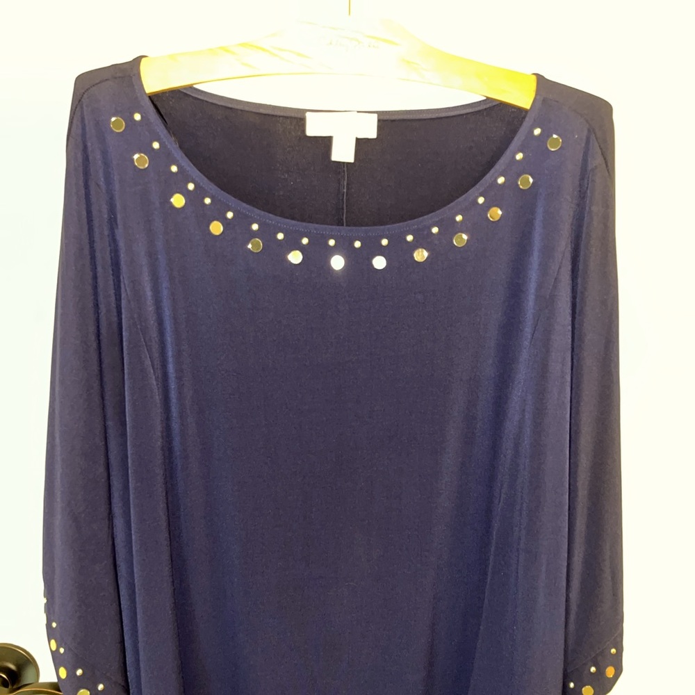 Michael Kors Batwing Plus Sized Navy Tunic with Gold Button Accents
